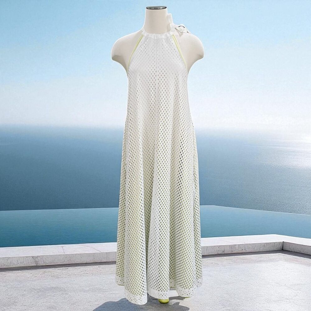GSTQ XS White Neon Sole Mesh‎ Maxi Dress Halter Long Resort Beach Cover Up NWT